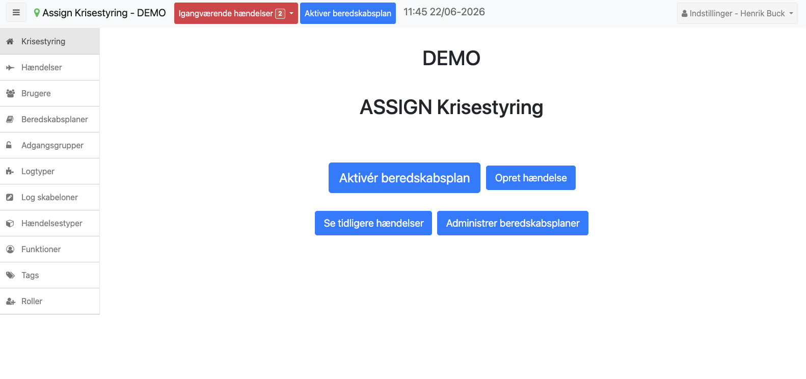 Forsiden i ASSIGN Krisestyring med venstremenu og de fire handlingsknapper