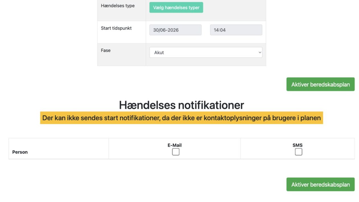 Notifikationsområdet med e-mail og SMS samt advarsel ved manglende kontaktoplysninger
