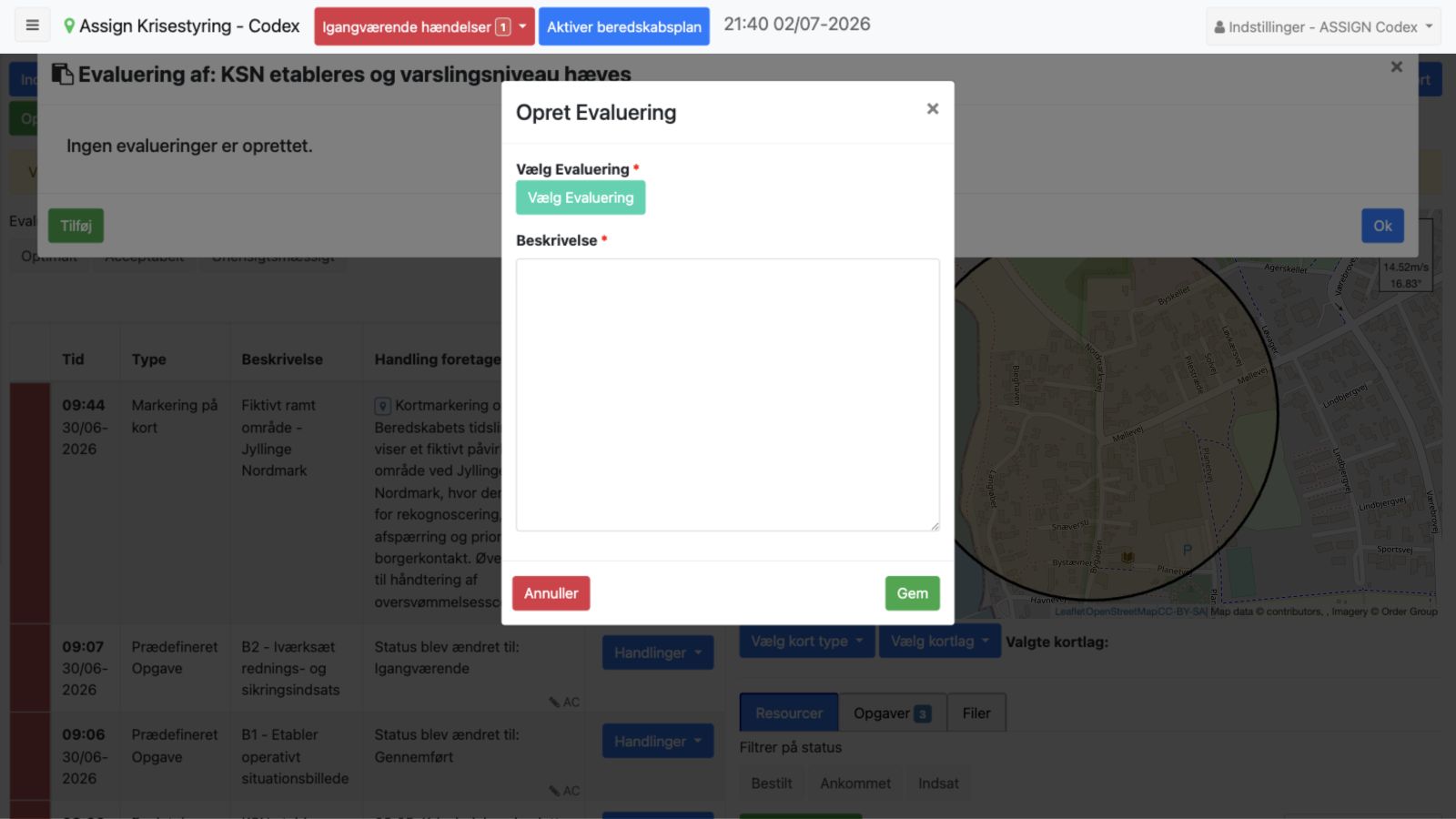 Opret Evaluering-dialog med Vælg Evaluering og Beskrivelse