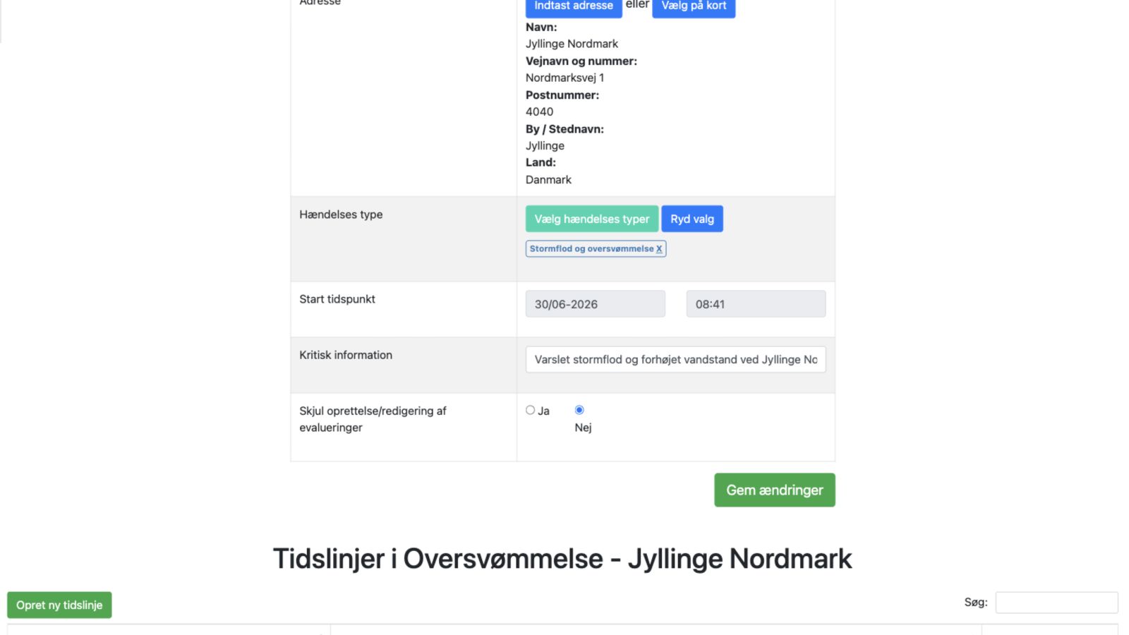 Hændelsesindstillinger med feltet Skjul oprettelse/redigering af evalueringer