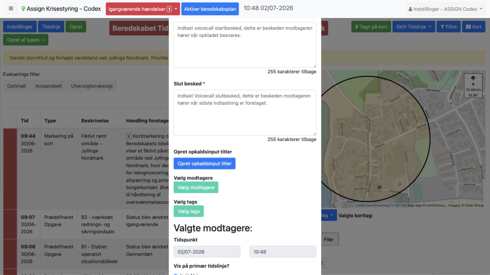 Automatisk opkald med slutbesked, opkaldsinput og modtagerområde