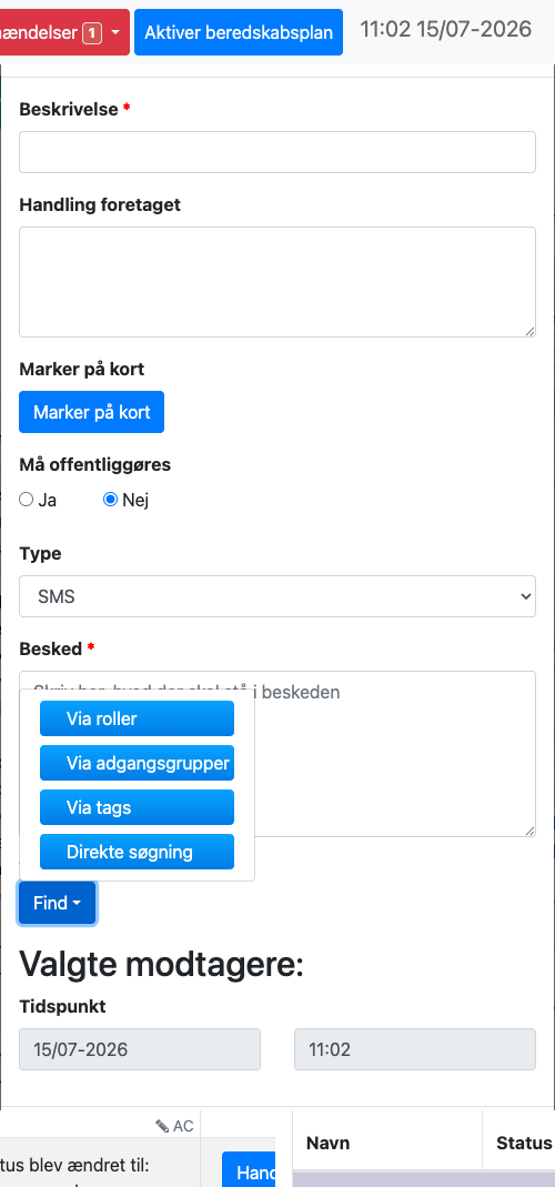 Notificer-formular med Find-menuen åben og valg for roller, adgangsgrupper, tags og direkte søgning