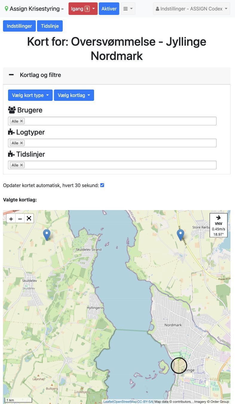 Kortvisningen i ASSIGN Krisestyring med filtre, kortlag og en cirkelmarkering ved Jyllinge Nordmark