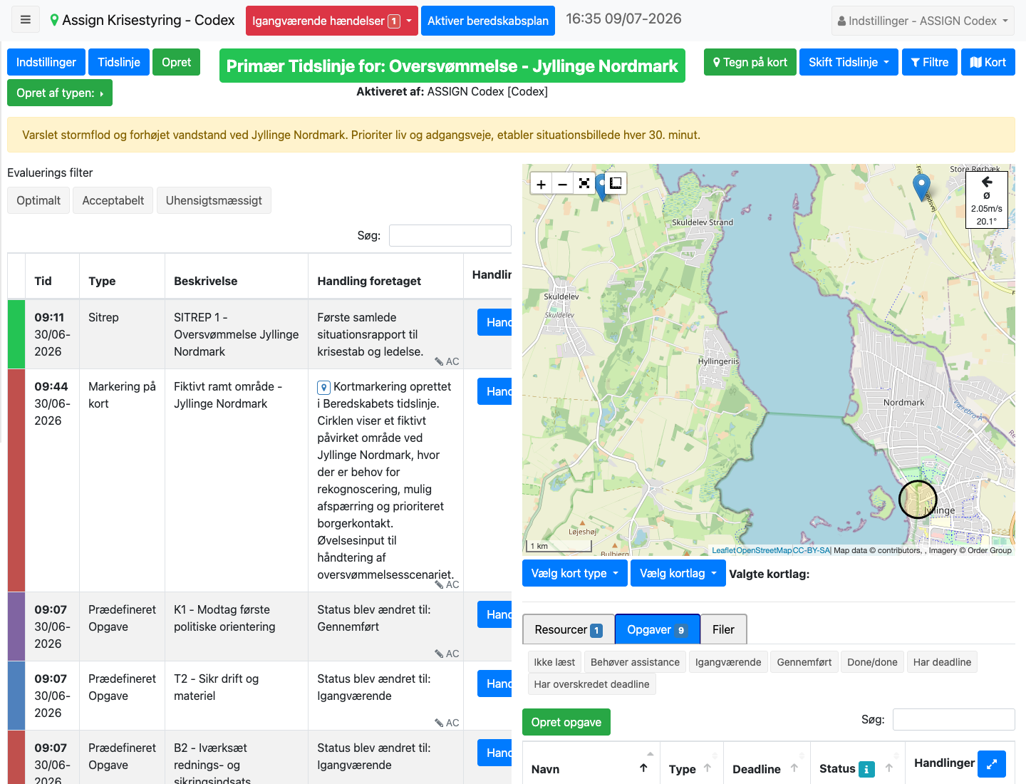 Opgaver-fanen med knappen Opret opgave på Situationsbilledet