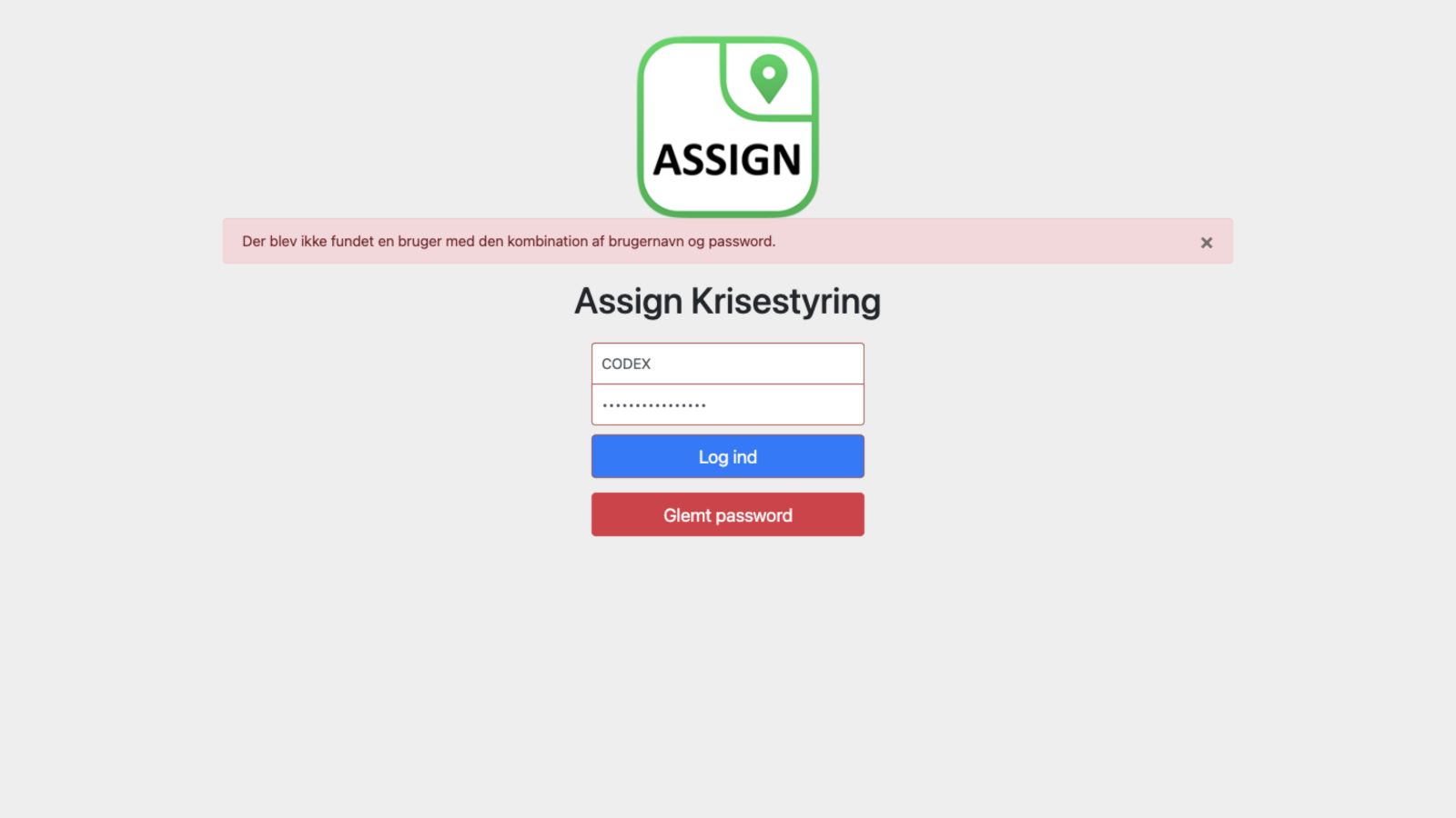 Loginfejl med linket Glemt password