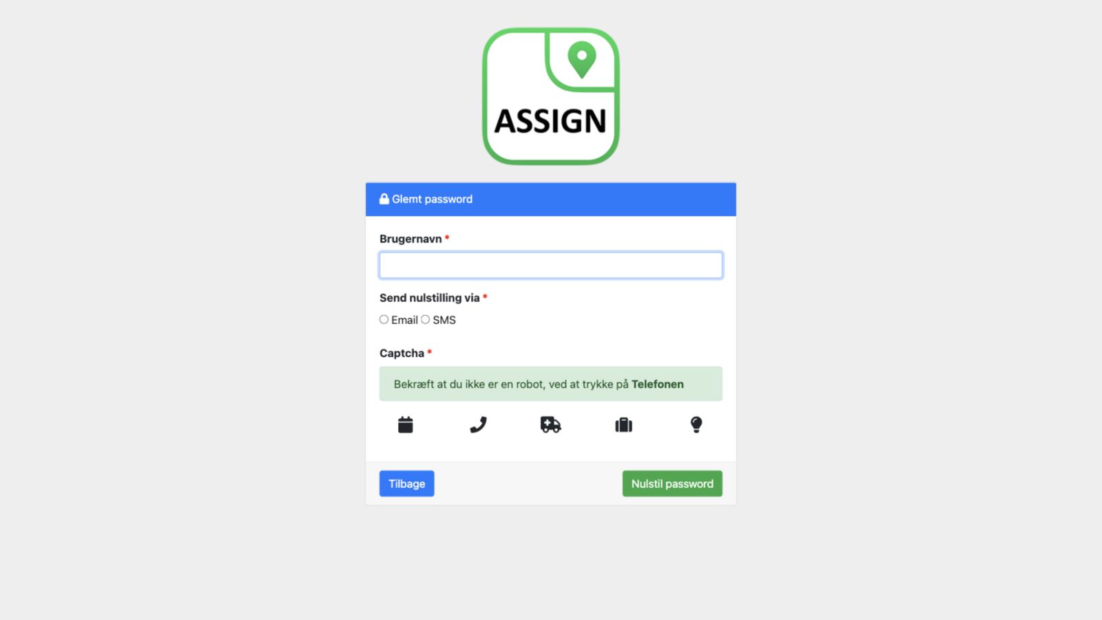 Nulstilling af password med brugernavn, Email eller SMS og captcha