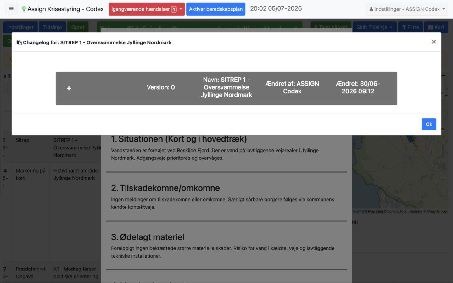 Changelog for SITREP-logpost med versionsnummer, navn, ændret af og ændringstidspunkt