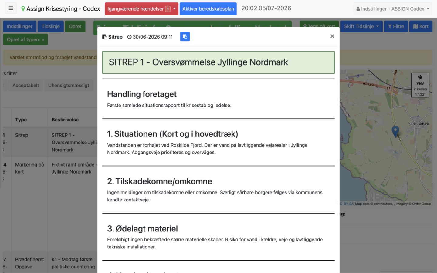 SITREP-logpost med blå Changelog-knap i toppen af visningsvinduet