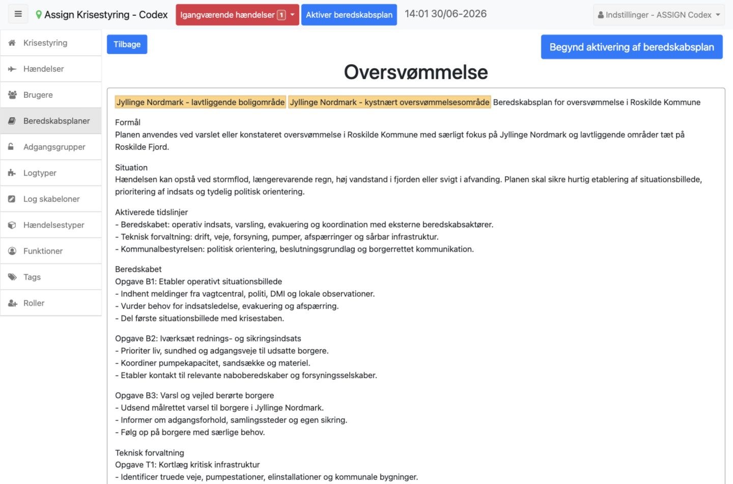 Gennemgang af beredskabsplanen med tidslinjer, opgaver og roller før aktivering