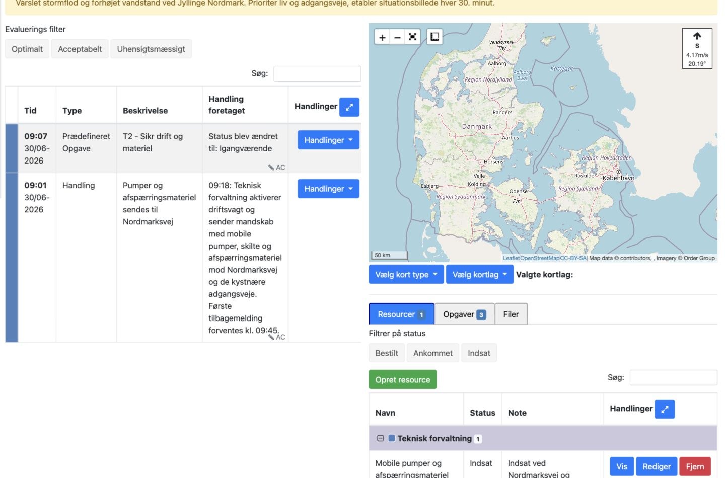 Ressourceliste med mobile pumper og afspærringsmateriel markeret som Indsat