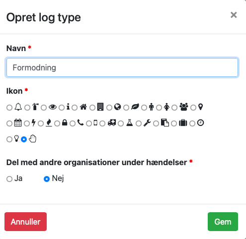 Opret logtyper med navn, ikon og delingsindstilling