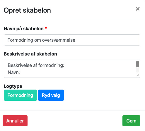 Opret logskabelon. Angiv her de informationer der ønskes når loggen udfyldes