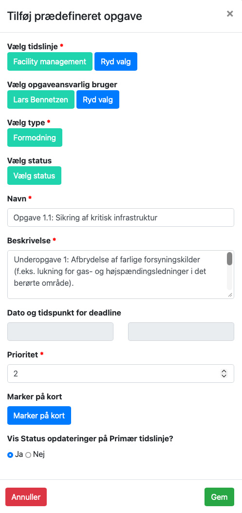 Opgaverne i beredskabsplanen oprettes og tildeles tidslinjer, typer og beskrivelse