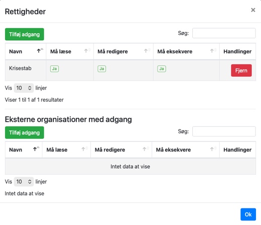 Herfra kan du tildele adgang til interne adgangsgrupper og eksterne organisationer du er knyttet sammen med