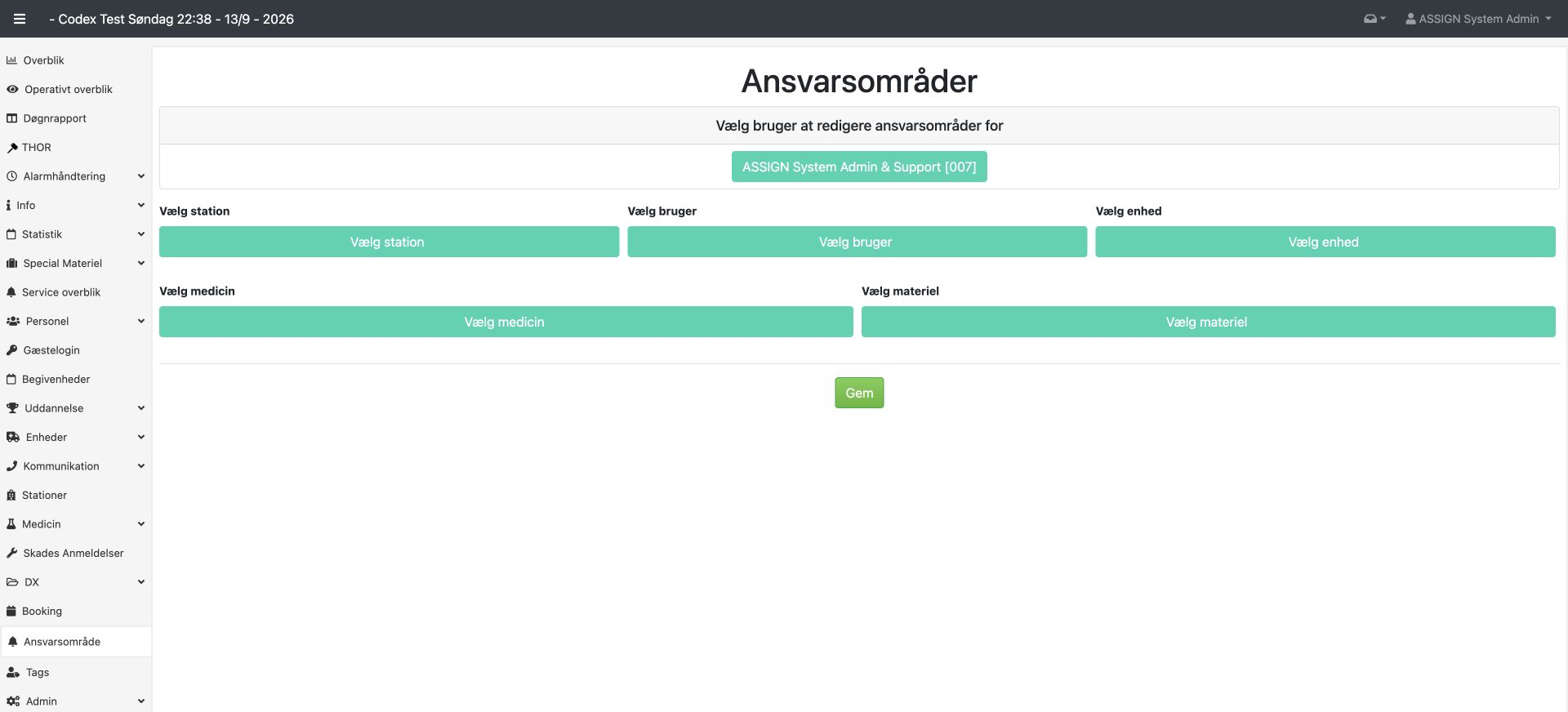 Ansvarsområder for en fiktiv eksempelprofil med felter til station, bruger, enhed, medicin og materiel.