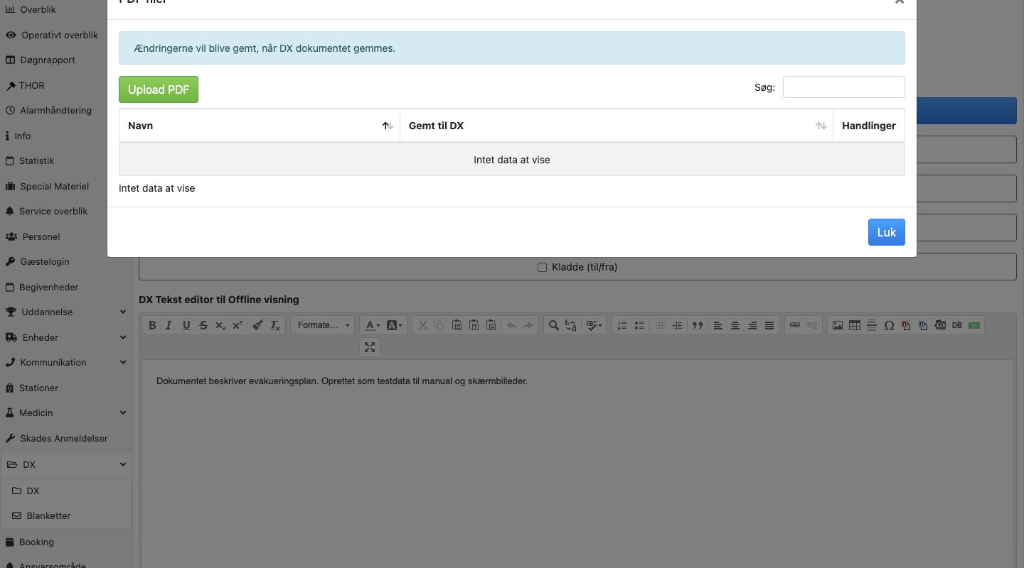 Bred dialog med eksisterende PDF-filer og filvalg.