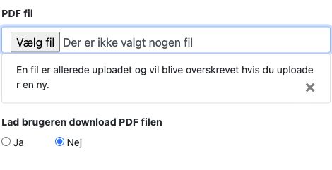 Uploadfeltet og valget af, om PDF-filen må downloades.