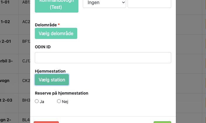 Bred formular med hjemmestation, delområde, beredskabstype og eksterne id-felter.