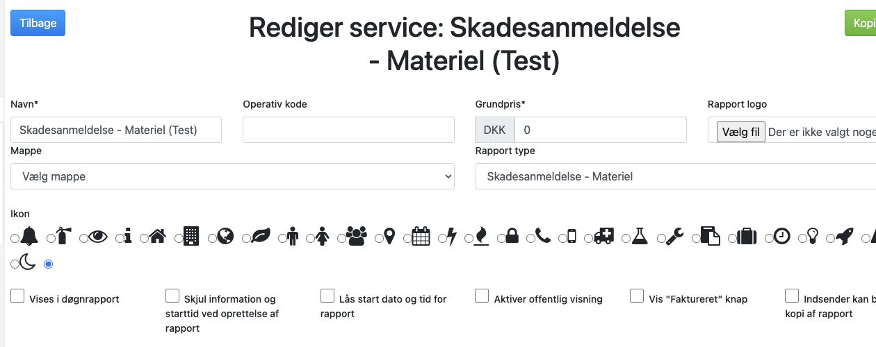 Bred Admin-visning med driftsstatus og arbejdsgangen for skadesanmeldelser.
