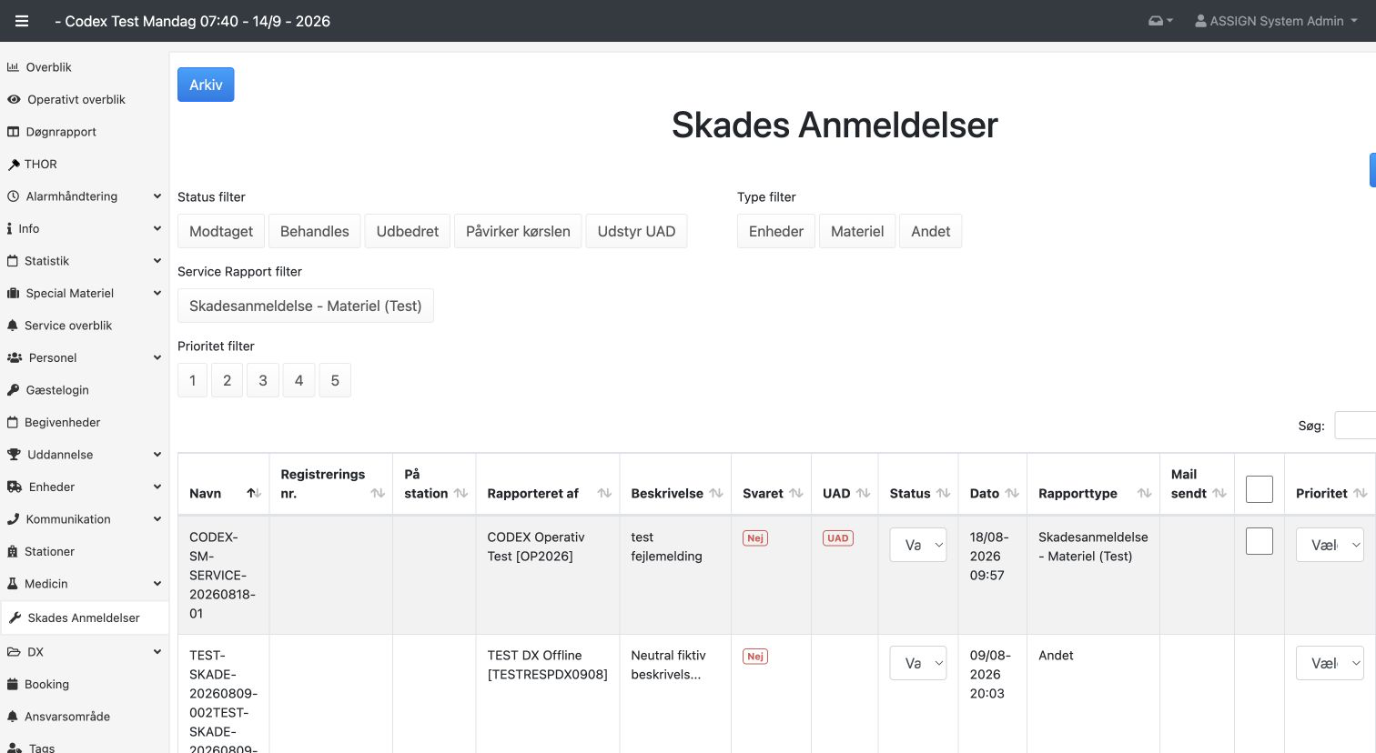 Bred statusside med Ude af drift og den indsendte rapport i historikken.