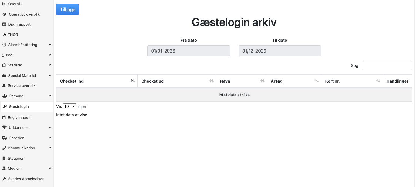 Bred arkivvisning med datofelter og en arkiveret demo-gæst.