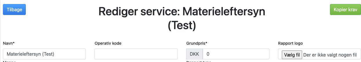 Bred opsætning med servicemappe, rapportnavn og kode.