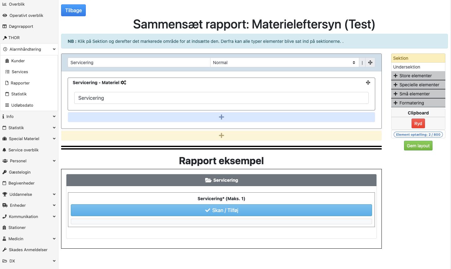 Bred rapportbygger med en ny sektion og Rapport eksempel.