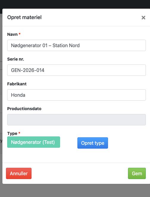 Bred formular med navn, type, fabrikant og serienummer.
