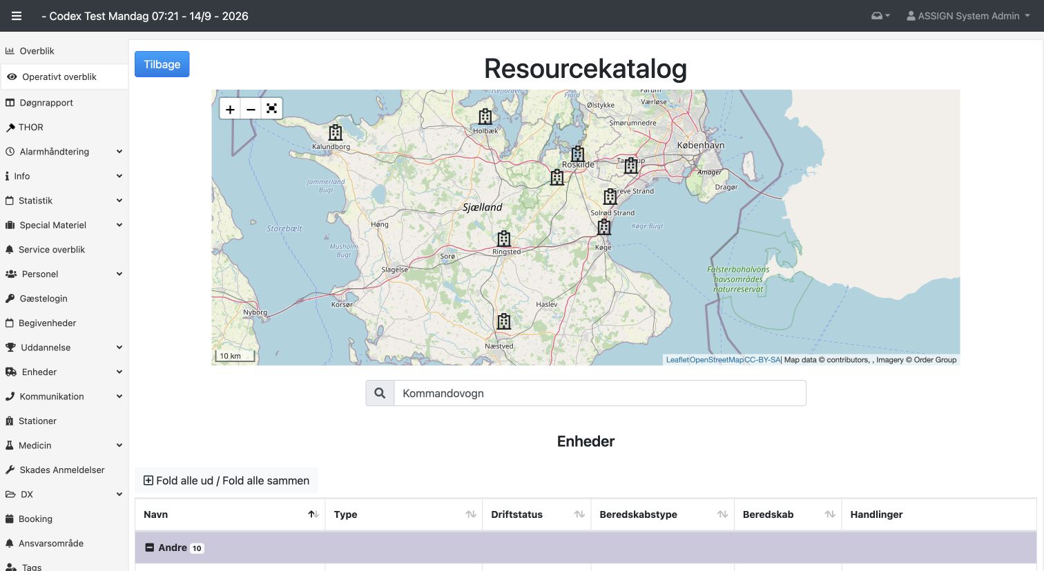 Aktuel Resourcekatalog-visning med kort, søgefelt og grupperne Enheder og Stationer.